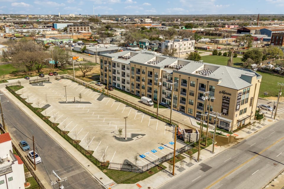 Aerial exterior of The Marcus, a new 76-unit apartment building in the Cedars neighborhood of South Dallas