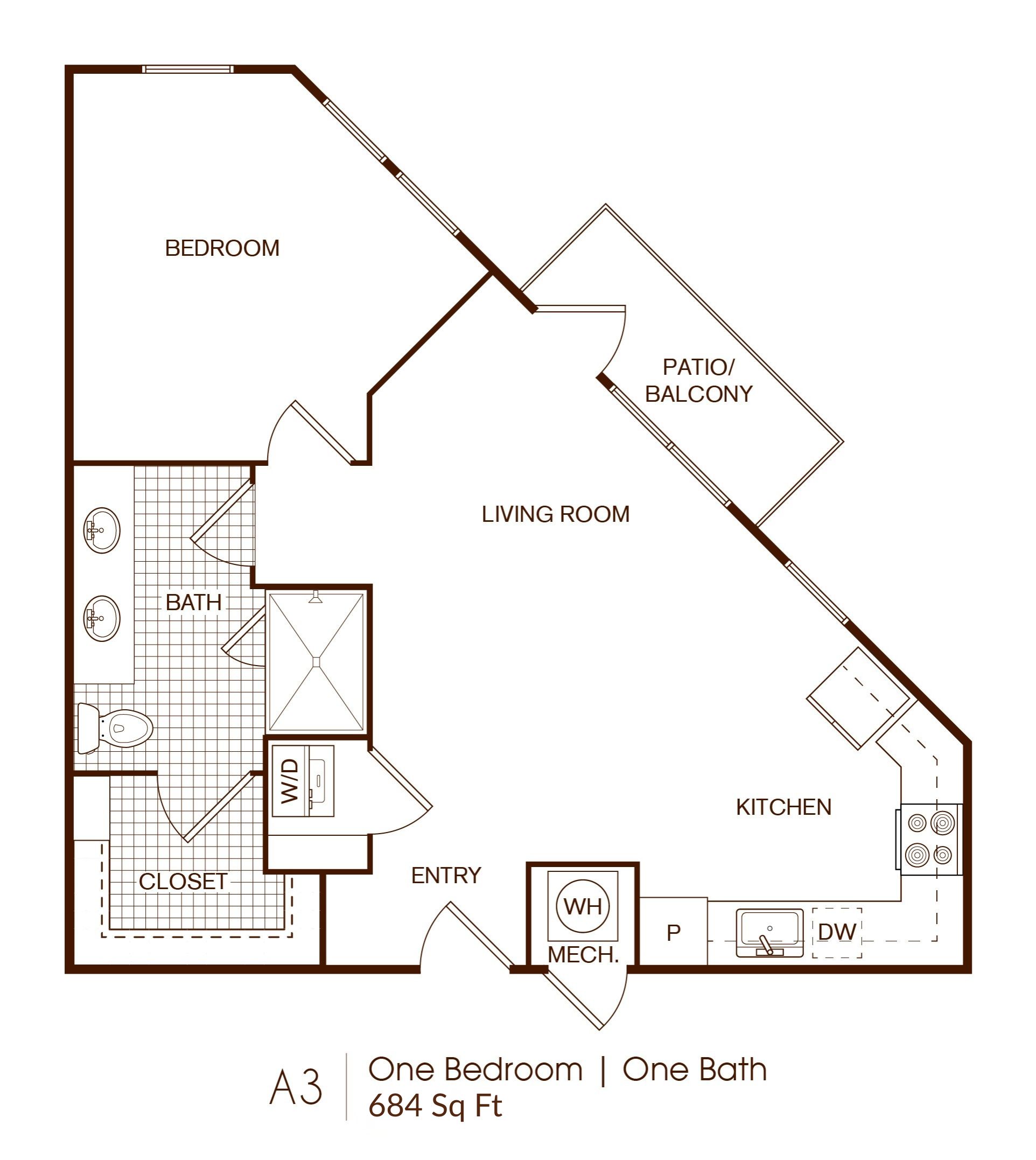 A3 One Bedroom Corner floor plan drawing