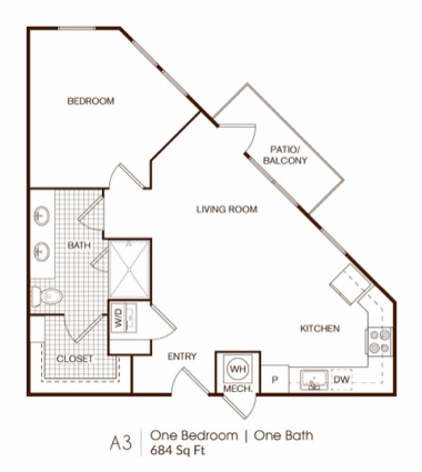 A3 One Bedroom Corner floor plan drawing